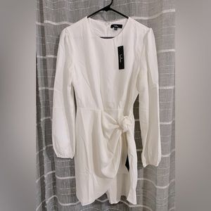 Lulus “Believe it or Knot White Long Sleeve Tie-Front Skater Dress”